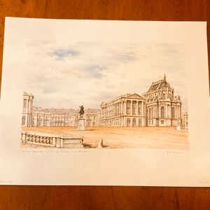 Antique color print on paper Palais de Versailles French architectural landmark